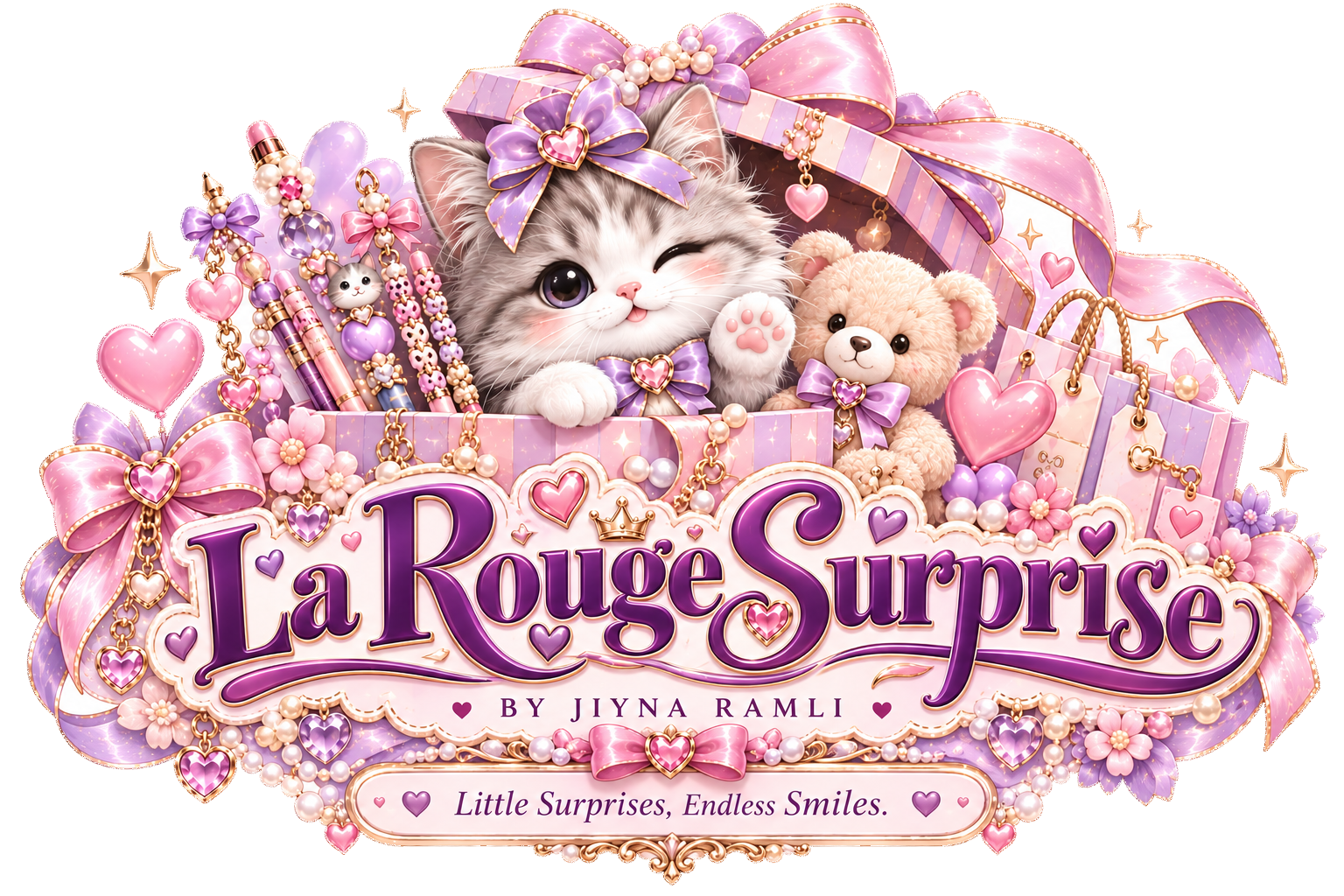 La Rouge Surprise logo with Yoori the grey and white cat, pink ribbons and teddy bear